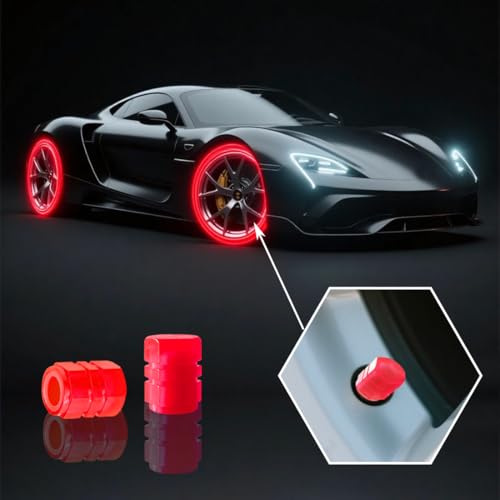 Luminous Tire Valve Stem Caps for Car, 5PCS Fluorescent Glow in The Dark Air Caps Cover, Illuminated Corrosion Resistant Tire Pressure Caps, Universal for Cars, Trucks, SUVs, Motorcycles, Bikes (Red)