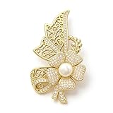 Rhinestone Pearl Brooch for Women, Brass Gold Plating Zircon Bowknot Flower Brooch Pin for Lady’s Sweater Coat