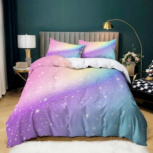Color Degradado del Arco Iris Funda Nordica Cama 90 de 3 Piezas Cielo Estrellado de Estrellas moradas Juego de Funda Nordica 150x200 cm y 2 x Fundas de Almohada de para Ropa de Cama Niño Chico Niña