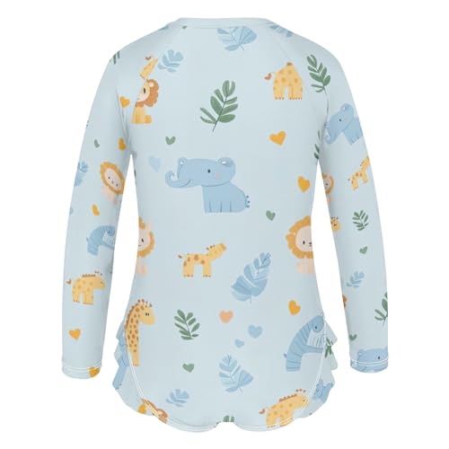 Cute Animal Light Blue Rash Guard One Piece Girls Swimsuit Long Sleeve Ruffles Swimwear Bathing Suits for Kids 3T3