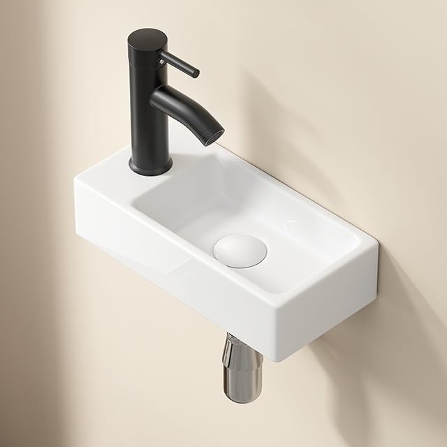 Évier de salle de bain d'angle mural compact en céramique pour petite buanderie