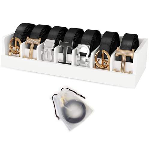 Bamboo Belt Organizer for Drawer - 7 Grids Belt Storage Organizer | Belt Rack for Closet Wall Mount Men Women Tie Sock Bra Scarf Ribbon (White)