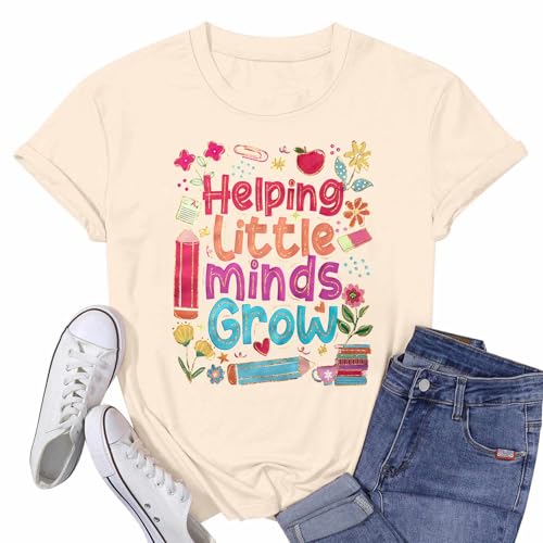 Teacher Shirts Women Helping Little Minds Grow Shirt Cute Flower Graphic Preschool Teacher Tshirt First Day of School Tee Top, aprikose, Klein