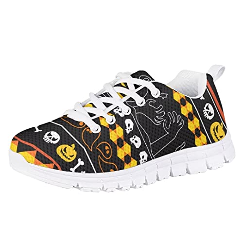 AmzPrint Girls Size 1 Skeleton Shoes Halloween Printed Skull Fashion Casual School Running Walking Sneakers for Elementary2