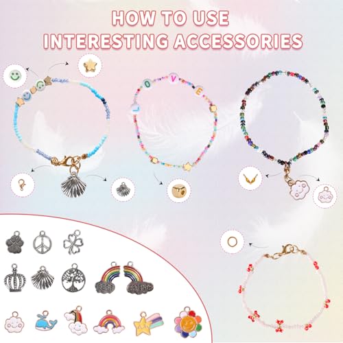 QUEFE 9600pcs 4mm Glass Beads for Bracelets Kit, 96 Colors Small Beads Seed Beads Letter Beads with Pendant Charms for Jewelry Making, Craft Gifts