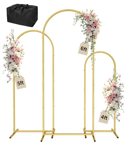 Wingedbird 3 Pack Gold Metal Arch Backdrop Stand – 4FT 5FT 6FT Balloon Arch Frame for Weddings, Easy Assembly, Indoor Outdoor Use, with Storage Bag, Durable Metal Construction