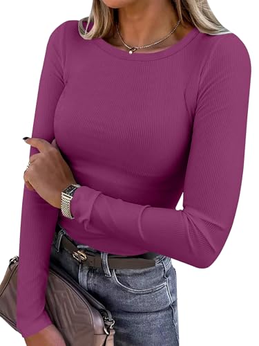 Image of ANRABESS Women Long Sleeve Shirts Rib Knit Slim Fit Tops Basic Tee Spring Outfits Casual T-Shirt Underscrubs Layer Clothes