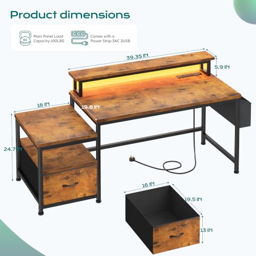 Image of EnHomee 56.5 inch Office Desk with Drawers & Printer Space for Home Work,Brown | Computer Desk with 3 AC Outlets& 2 USB Ports,Waterproof LED Strip Lights,Monitor Stand & Side Pockets,Home Office,Bedroom