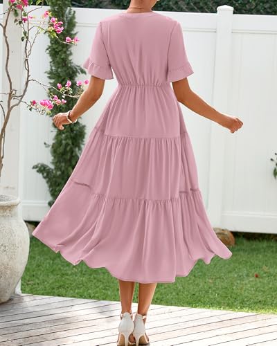 Image of BTFBM Summer Dresses for Women 2025 Vacation V Neck Loose Short Sleeve A Line Tiered Flowy Casual Midi Beach Dress