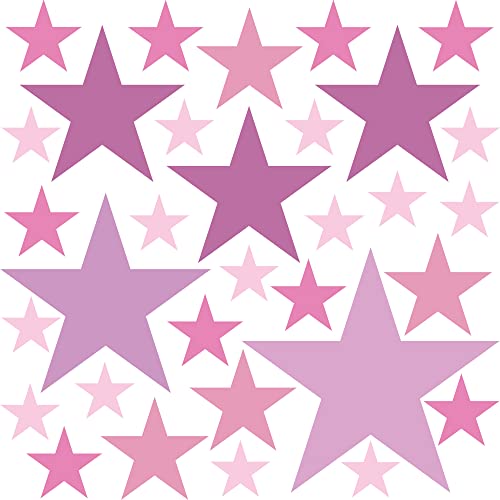 PREMYO Set of 32 Stars Wall Stickers Kids - Nursery Decor Easy to Apply - Decals for Bedrooms for Girls Boys Pastell Pink