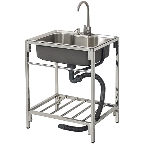 WIQUYBML Fregadero Comercial Independiente de Acero Inoxidable 304 con Estante de Almacenamiento y Grifo para Uso en Interiores y Exteriores, Garaje o lavandería. Medidas: 72 cm x 52 cm x 8