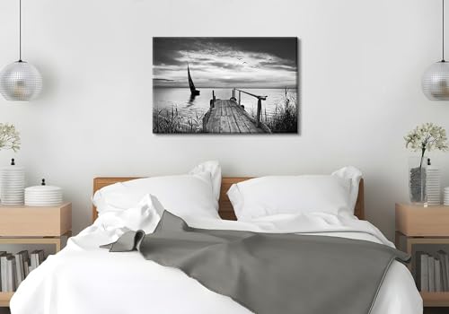 Image of Black and White Coastal Wall Art Beach Sailboat Seascape Pictures Bathroom Wall Decor Grey Trestle Canvas Print Painting Artwork for Modern Abstract Living Room Bedroom Home Office Decoration 24x36 inch