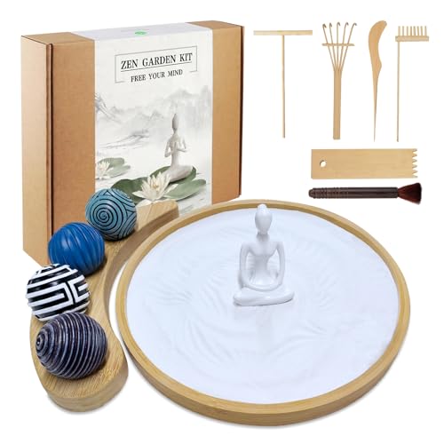 Zen Garden Kit for Desk - Premium Beautiful Japanese Mini Zen Sand Garden Box Gift Set for Home Decor, Office Desk with Large Round Bamboo Tray, White Sand, 4 Sand Spheres & Spheres Holder