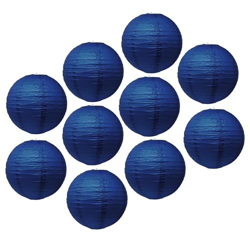 Image of Mudra Crafts 12 Inch Round Chinese Navy Blue Paper Lanterns Hanging Decor | 10 PCs, Reusable, Indoor Outdoor Decorative Lamp Shade, for Ceiling, Wedding, Shower, Party, Festival, Home Decoration