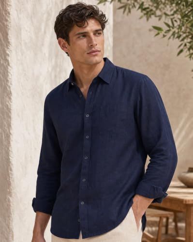 Image of Nobero Breezy Premium Linen Cotton Shirt for Men | Stylish Casual Shirts for Men | Semi Cut Collar | Box Pleat | Curved Hem | Regular Fit | Full Sleeve | S-XXXL