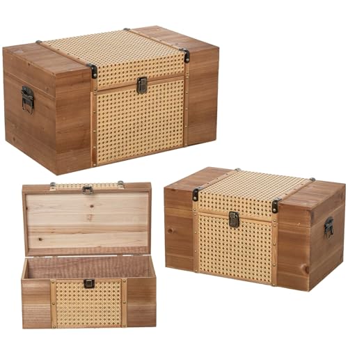 DRW Set de 3 baules de madera y mimbre en natural 56x30x34 cm