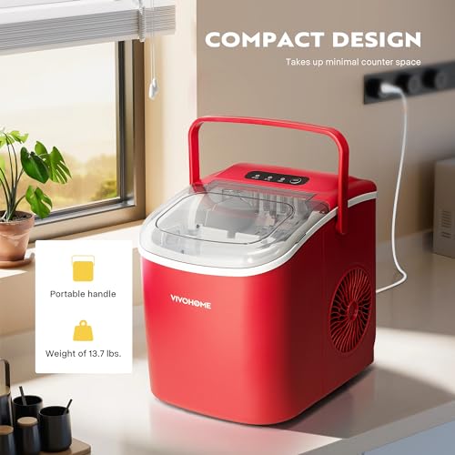 Image of VIVOHOME Countertop Ice Maker with Handle 26lbs /Day 9 Ice Cubes in 6 Mins Portable Ice Maker Machine 10 Ice Bags and Self Cleaning Ice Cube Maker Red