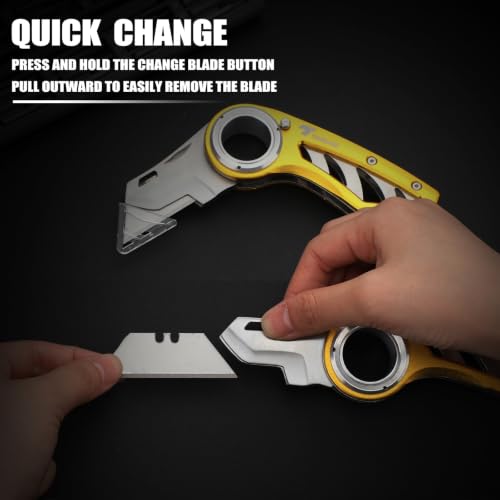 Image of Tondiamo 2 Pcs Folding Pocket Utility Knife Heavy Duty Box Cutter Folding Razor Knife with Anti Slip Finger Loop Easy Change Blades 3 Lock Positions Design (Yellow)