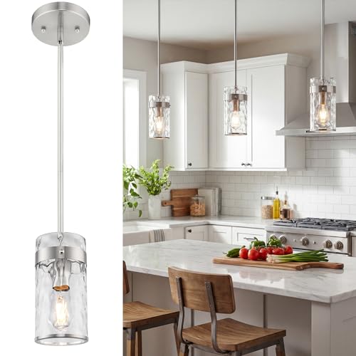 AUTELO Glass Pendant Light, Brushed Nickel 1-Light Island Pendant Lights for Kitchen with Hammered Glass, Modern Hanging Lamp with Adjustable Rods for Dining Room Bedroom Kitchen Sink, H-2529 HMST