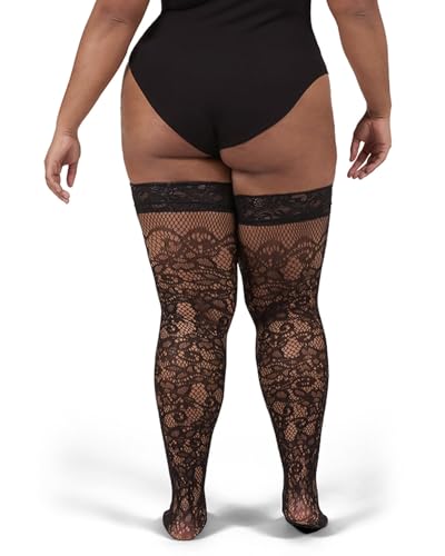 MeMoi Women's Net Swirl-Pattern Lace-Top Plus Size Thigh High Stockings2