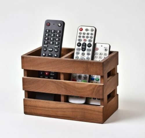Image of Craftize Mstore Remote Controller Holder, Wooden, Brown, 16.5 x 12.7 cm, Rectangular Caddy with Multi-compartment Design