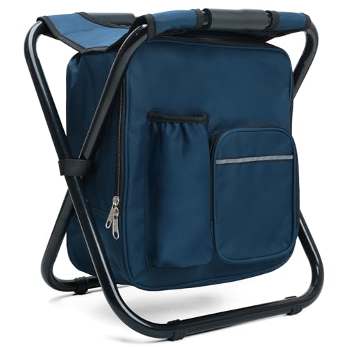 Outplea Large Camping Stool for Adults with 15L Integrated Cooler Backpack, Ultralight Tall Hunting Stool Folding Portable, Fishing Stool Seating with Picnic Bag for Outdoor Travel Beach, Navy Blue