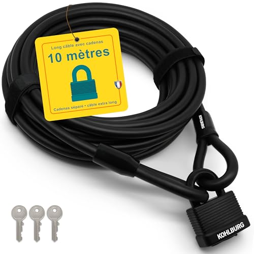 KOHLBURG cable antivol de 10 mètres – cadenas velo à 3 clés – fermeture par simple pression – câble en acier 10 m comme anti vol vélo, remorque,...