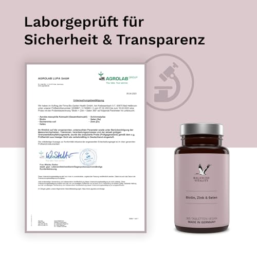 Biotin, Zink & Selen - 10000 µg Biotin, 10 mg Zink-Bisglycinat, 55 µg Selen - 365 vegane Tabletten - Haar-Vitamine im Jahresvorrat - für Haare, Haut & Nägel - ohne Zusatzstoffe - Balanced Vitality