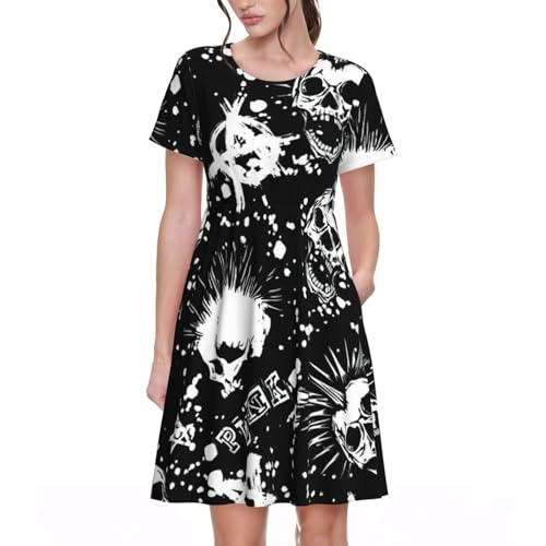 Robe d'été manches courtes femme crâne punk blanche coupe ajustée