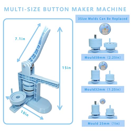 DCBADGE Button Maker Machine Multiple-Sizes, DIY Pin Button Maker Machine Kit with Interchangeable Button-Models&Free Button Parts&Circle Cutter&Wrench Gadget (Light Blue, 25+32+58mm) by DCBADGE - Image 2