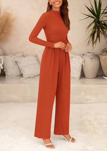 PRETTYGARDEN Jumpsuits For Women Dressy Fall Fashion Clothing 2025 Long Sleeve Mock Neck Date Night Rompers Business Outfits
