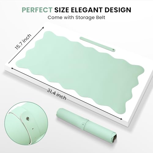 Image of PU Leather Desk Pad, Scalloped Non-Slip Mouse Pad & Large Desk Mat Cover Stitched Edges Writing Pad for Office, Home - Waterproof, Easy to Clean, Durable Surface I 31.4 inchx15.7 inch, Mint Green