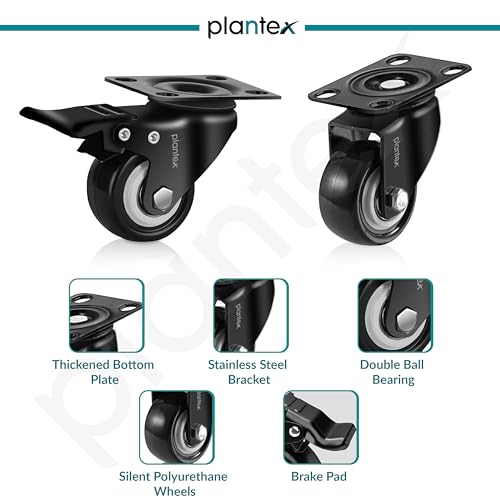 Image of Plantex 1.5 Inch Caster Wheel /Heavy Duty Soft PU Swivel Caster Wheels with 360 Degree No Noise /Wheels for Furniture /Trolley Cart /Sofa /Table - Black - Set of 4 (2 with Brakes & 2 Without)