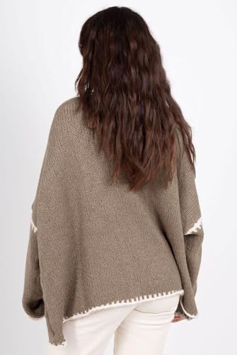 Image of chouyatou Women Fall Open Front Color Block Cardigan Sweater Casual Striped Chunky Knit Oversized Cardigan