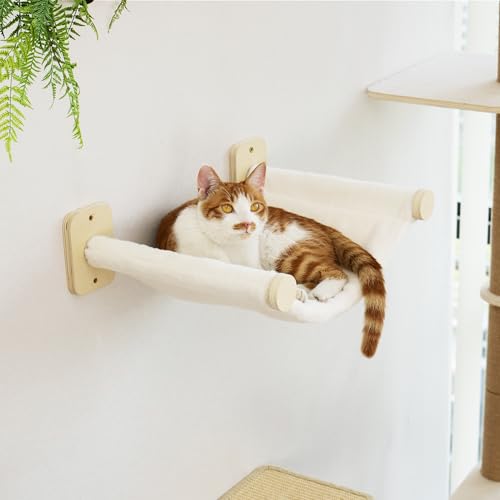 FUKUMARU Kletterwand Katzen, Katzenmöbel mit 2 Katzentreppe Wand,Katzenbaum Hängematte aus Birke mehrschichtige Platte, Katzenwandmöbel für Schlaf, Klettern und Spielen, beige
