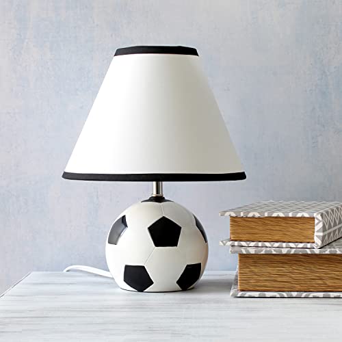 Simple Designs Lt1079-Scr Sportslite 11.5" Tall Athletic Sports Soccer Ball Ceramic Bedside Table Desk Lamp W White Empire Fabric Shade W Black Trim For Kids' Room, Nursery, Bedroom,Gameroom, Mancave #TOP3