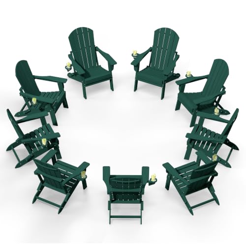 Image of Plawdlik Folding Adirondack Chair 9-piece Set, Cup Holder, Green | pin-free folding, 38-in tall back, Wood-grain All-weather HDPE; for fire pit, poolside, deck, backyard, patio