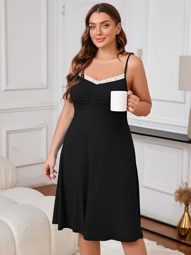 AusLook Plus Size Women's Nightgown Spaghetti Strap Sleepwear Sleeveless Lace V Neck Cami Sleep Dress4