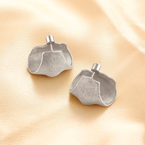Sculptural Silver Plated Stud Earrings for Women, Textured Abstract Statement Earrings with 925 Sterling Silver Posts, Modern Geometric Fashion Jewelry for Wedding Party Gift — view 4