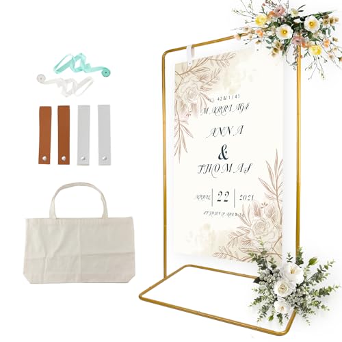 TPFWTD Wedding Sign Holder Adjustable Welcome Sign Stand w/ Leather Hanging Strap Satin Ribbon & Carry-on Bag Heavy Duty Easel Stand for Wedding Seating Chart Display & Poster (Gold)