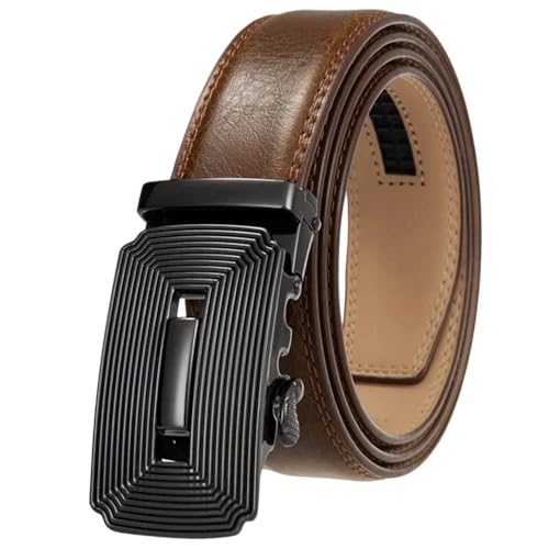 Men's Automatic Buckle Genuine Leather Belt, 3.5Cm Solid Color Formal Belt Tan Brown 110cm