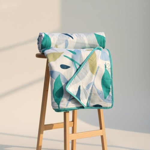 Image of LORETO - A QUALITY LINEN BRAND 100% Cambric Cotton Double Dohar 88 x 90 Inches, 3-Layer Lightweight AC Blanket with Soft Cotton Flannel Filling, Summer Quilt, Reversible, Green Earth Leaf Whisper