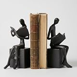 Iron Decorative Bookends for Heavy Books, Black Reading Couple Book Ends Decorative, Metal Thinker Bookends for Shelves Shelf Bookshelf Books Home Office Aesthetic or Book Lovers Gifts