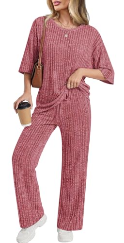 Addtoo Womens Lounge Sets Short Sleeve Pajama Sets Knit 2 Piece Sets M Red