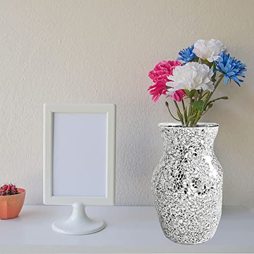 Misnode Large Tall Glass Vases, Silver Mosaic Crackle Glass Decorative Vase, Handmade Shine Flower Vase Mosaic Glitter Vase Sparkled Glass Vase For Table Centerpieces Home Wedding Party Decor #TOP7