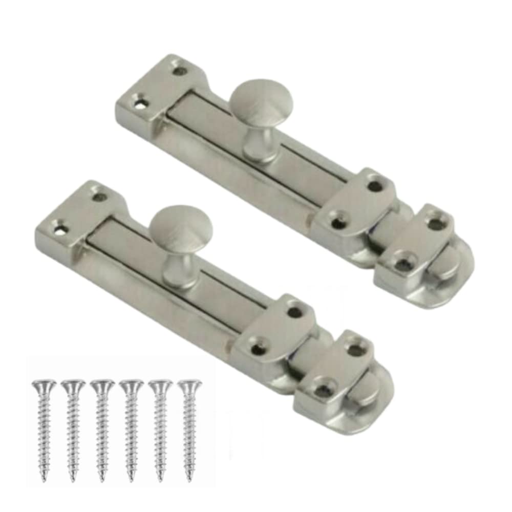 Sisi Uk 4 Inch Flat Door Bolts Satin Chrome Plated Bolt Door Latches Tower Bolt Sliding Lock Flat Slide Safety Door Barrel Bolt With Screws Pack Of 2.