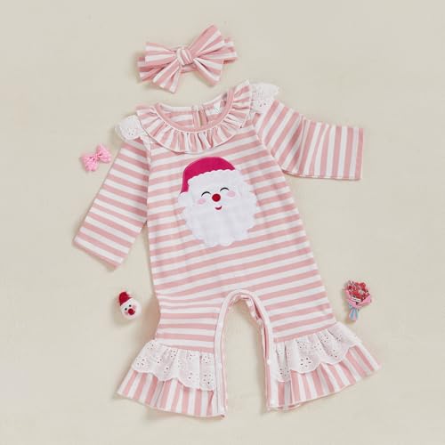 Gueuusu Christmas Baby Girl Outfit Dog Christmas Tree/Santa Claus Embroidery Long Sleeve Ruffle Romper Striped Jumpsuit3