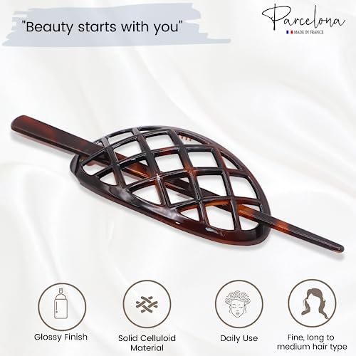 Parcelona French Criss Cross Pattern Tortoise Shell Brown Cellulose Acetate Made In France Chignon Bun Cover Ponytail Holder Hair Slider Pin Thru Updo With Stick For Women And Girls #TOP1