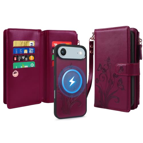 Lacass for iPhone Air Case Wallet, Floral Wine Red