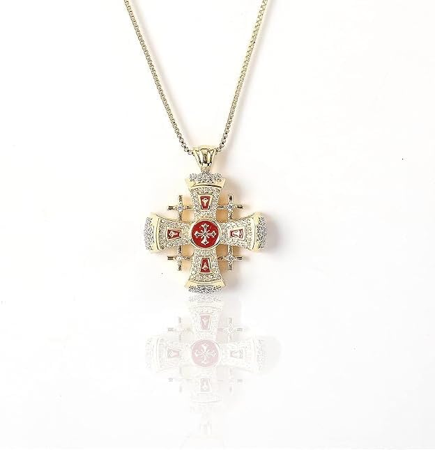 Miniatura 2 de Nazareth Store Crusaders - Collar con colgante de cruz de Jerusalén, chapado en oro, esmalte de 18 quilates, piedras cristalizadas, 1.3 pulgadas